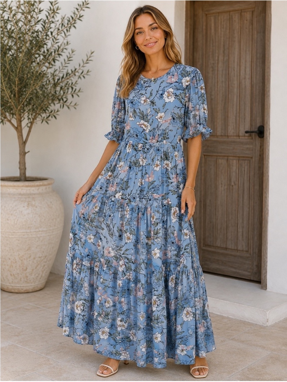 JessaKae Blue Floral Cotton Tiered Maxi Dress Puff Sleeves